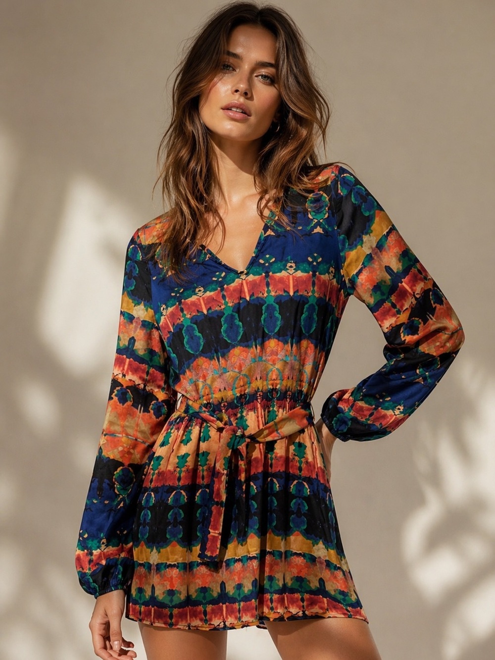 Aqua Colorful Long Sleeve Mini Dress with belt XS S
